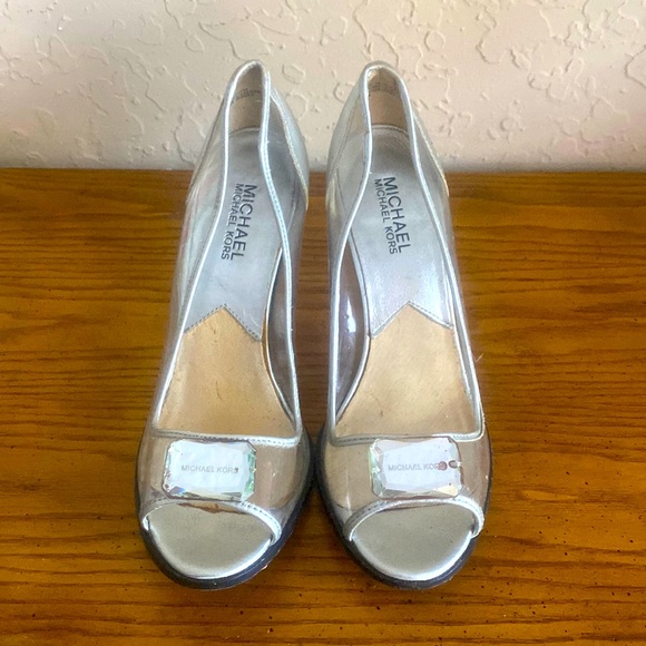 Michael Kors Silver/Clear High Heel Peep Toe Sz 8 1/2 - Picture 1 of 5